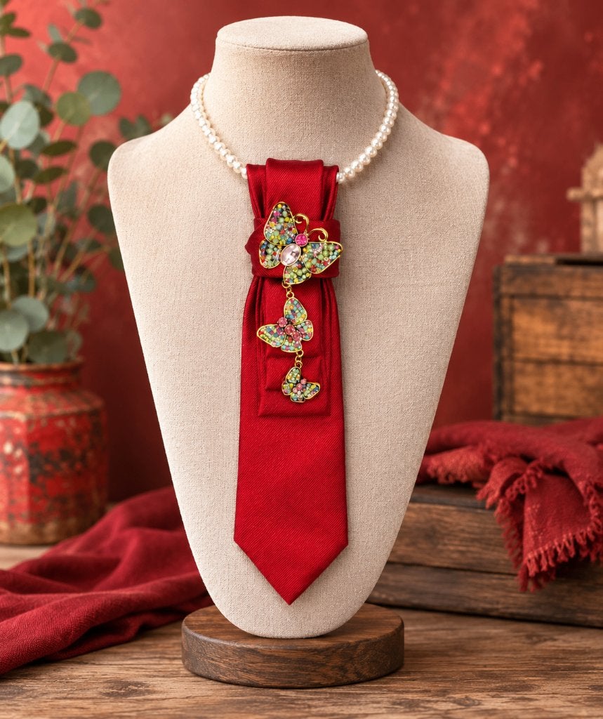Statement stropdas ketting – unieke stropdas met sierbroche, Verzenden, Zo goed als nieuw, Rood, Overige materialen