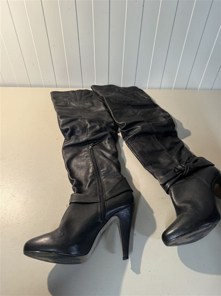River Island Echtleren Hoge Stiletto Laarzen - Zwart - maat, Ophalen of Verzenden, Zo goed als nieuw, Zwart, Hoge laarzen