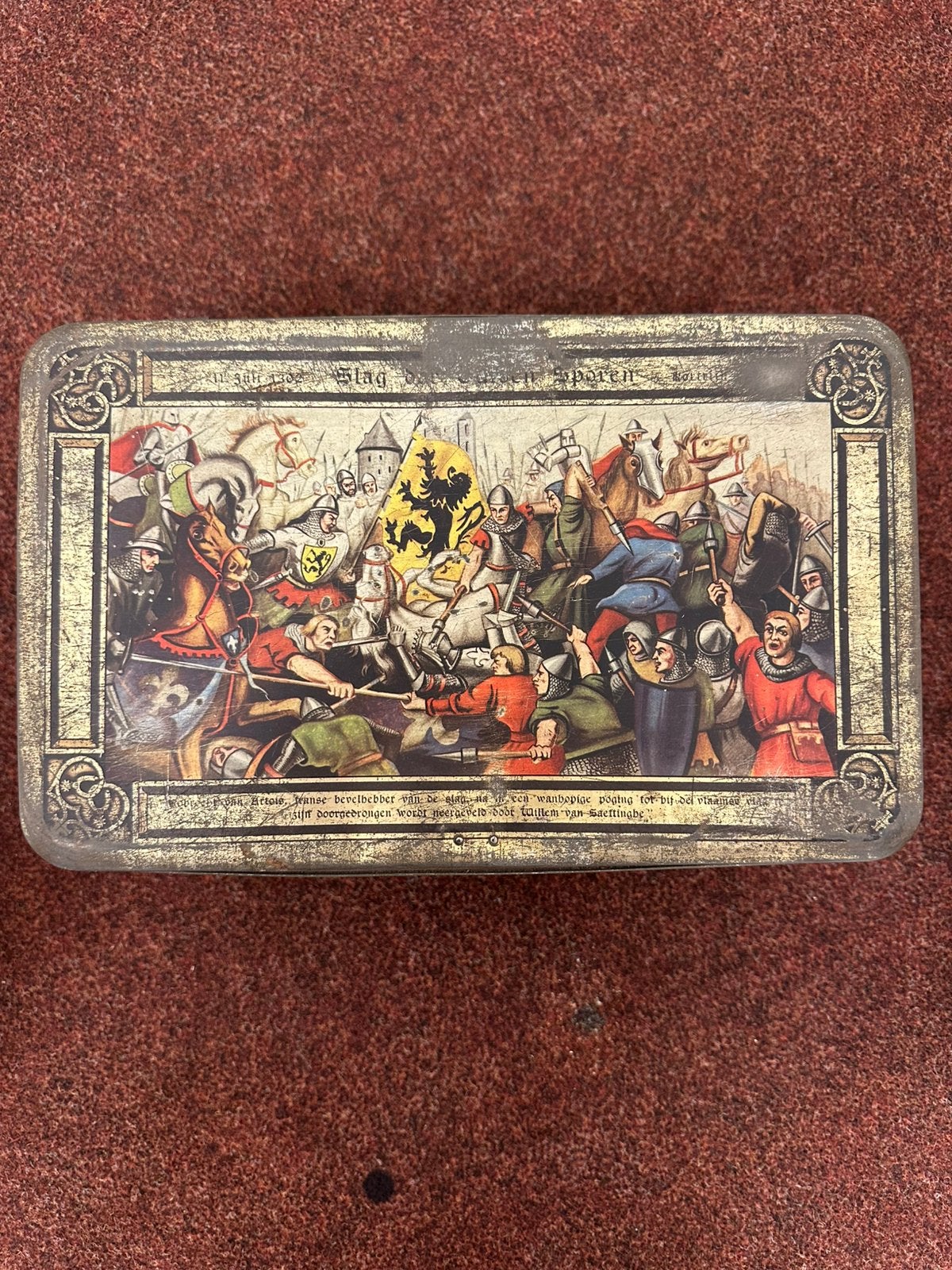 Vintage bewaarblik Guldensporenslag 1302, Antiek en Kunst, Curiosa en Brocante, Ophalen of Verzenden