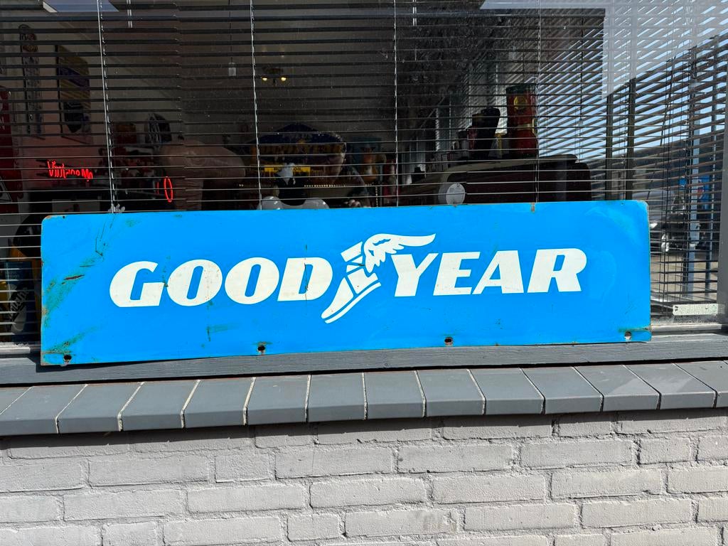 Vintage Goodyear reclamebord - Blauw geëmailleerd, Verzamelen, Ophalen, Reclamebord, Gebruikt, .