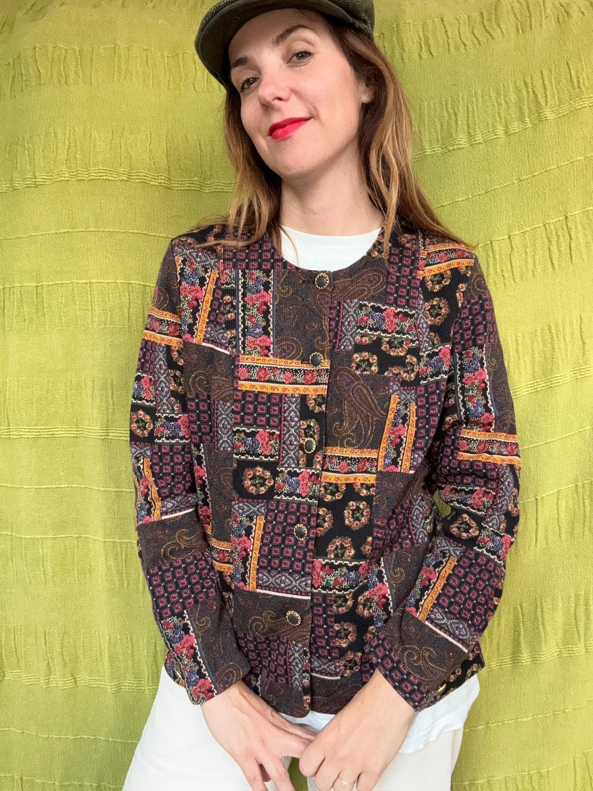 Vintage vest / blazer / jasje / print / zwart, Maat 38/40 (M), Hgv, Zwart, Hgv