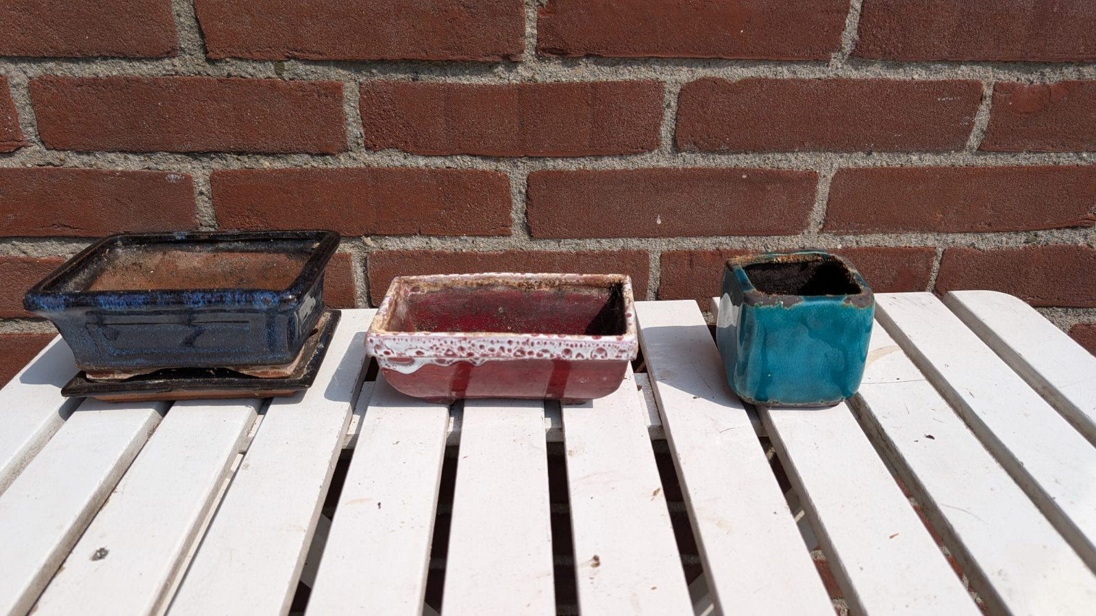 Set van 3 gebruikte bonsai potten - diverse kleuren, Ophalen, Steen, Gebruikt, Minder dan 30 cm