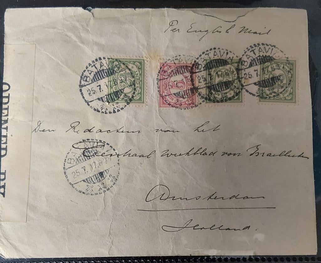 Envelop (censuur 1205 ) van Batavia - Amsterdam 1917, Postzegels en Munten, Verzenden, Envelop