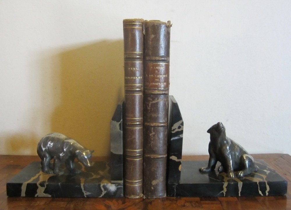 Antieke art deco boekensteunen beren, BRONS, verzilverd, Verzenden
