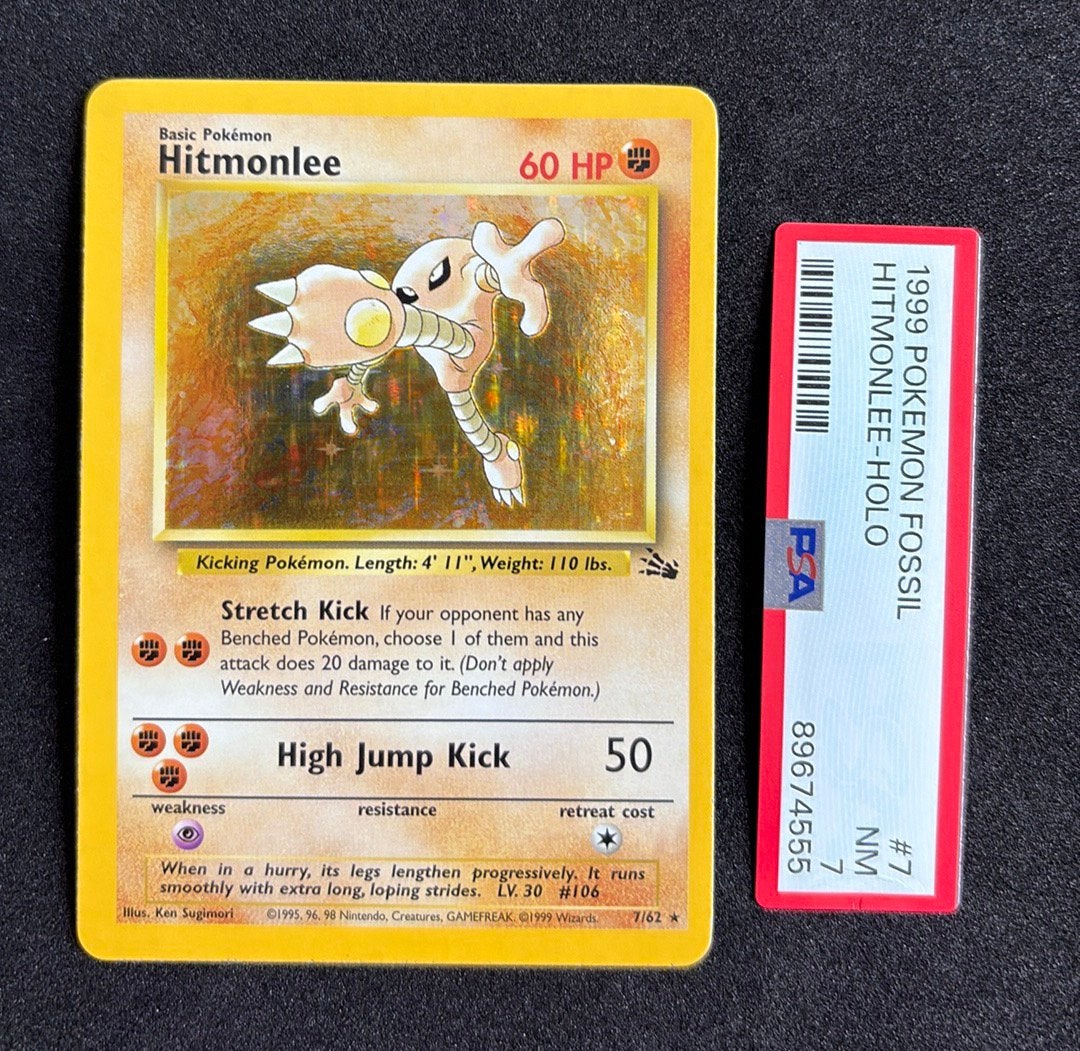 Hitmonlee Fossil Holo 7/62, Ophalen of Verzenden, Zo goed als nieuw, Losse kaart, Foil