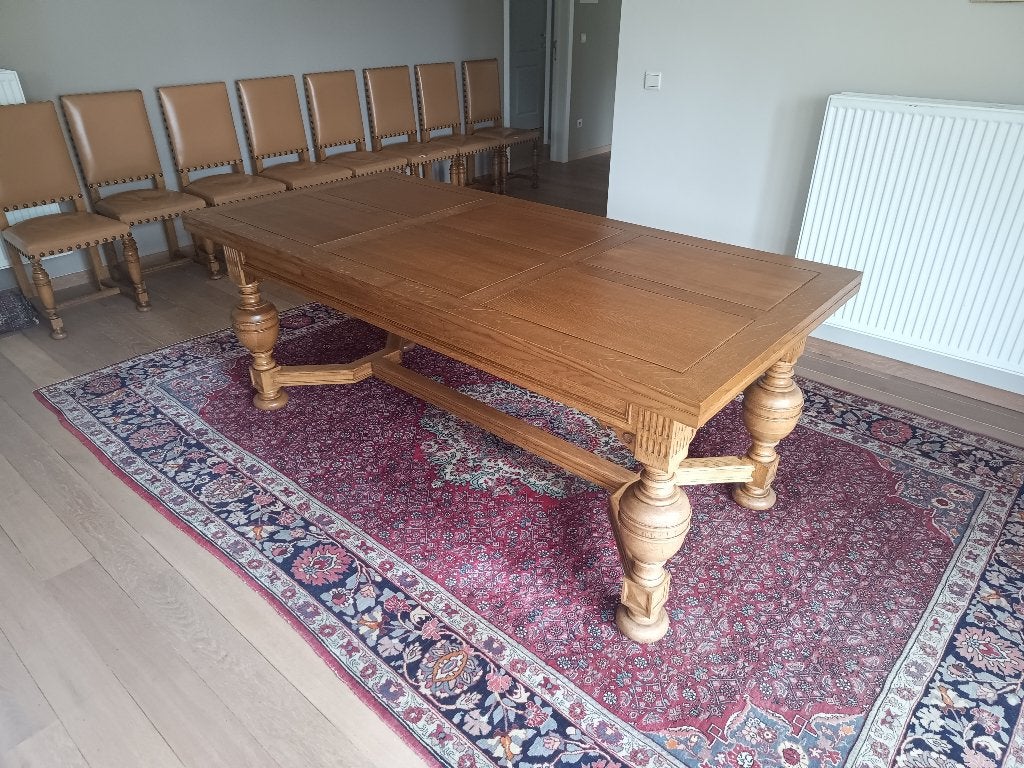 Eiken eettafel met 8 lederen stoelen - Jaren '60, Ophalen