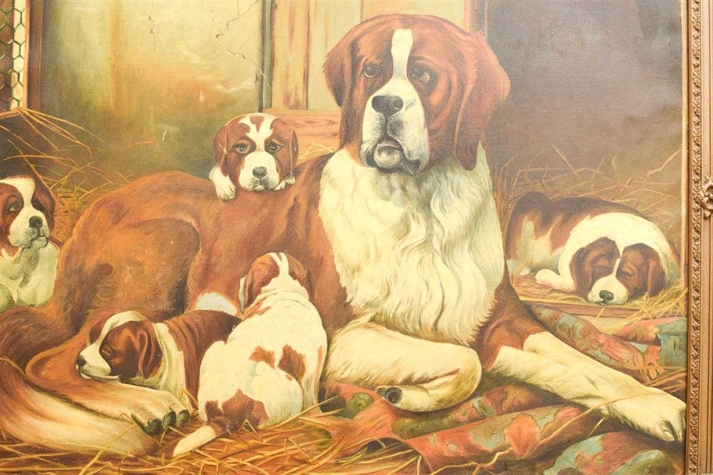Schilderij met lampje st Bernard met haar puppy\'s 49106, Ophalen of Verzenden, Gebruikt, Minder dan 50 cm, Schilderij