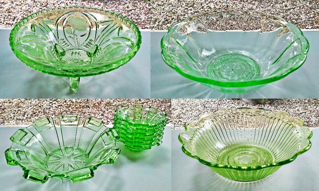 4x Antiek Anna Groen Glas - Schaal Schalen Set - Zie Omschr, Antiek en Kunst, Antiek | Glas en Kristal, Ophalen of Verzenden