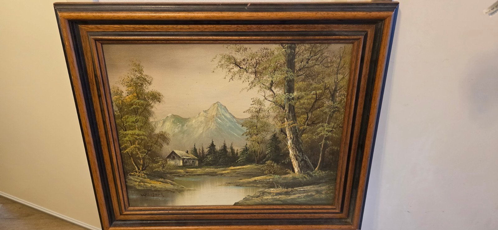 Schilderij berglandschap met huisje en water, Antiek en Kunst, Handgeschilderd, Doek, Realistisch, Ophalen of Verzenden
