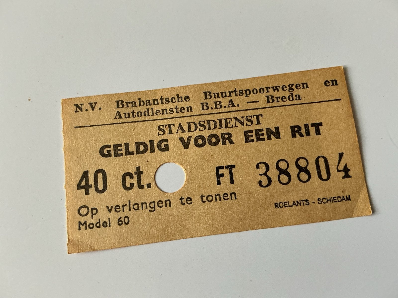 Historisch bus kaartje BBA Breda - 40 ct. Model 60, Verzenden