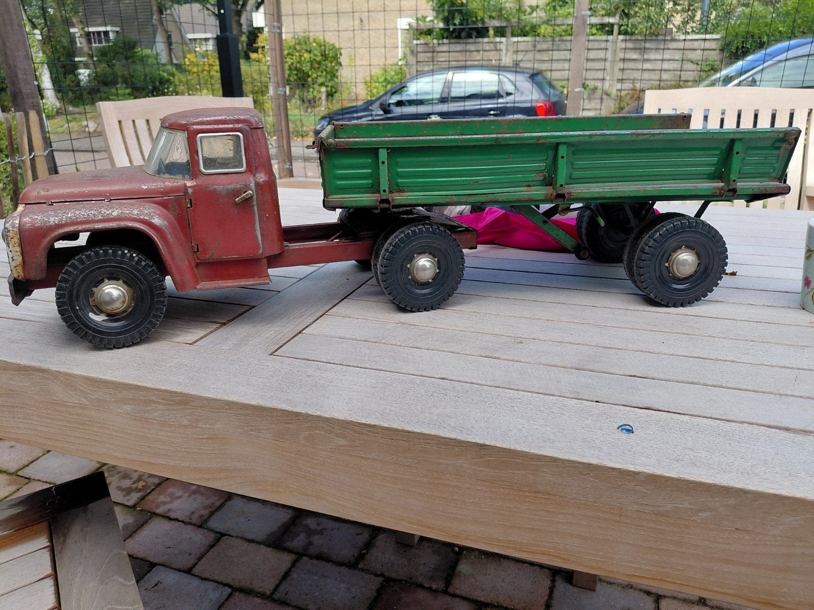 Vintage Blikken Vrachtwagen met Oplegger - Rood/Groen, Ophalen