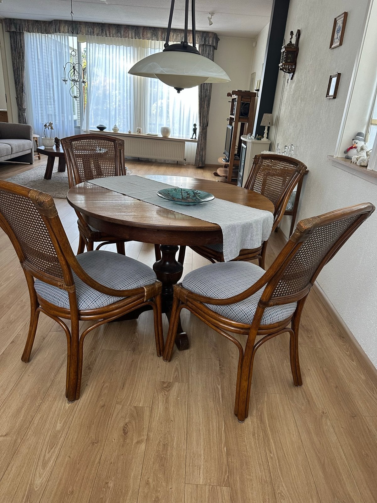 Uitklapbare eettafel met tussenstuk en 4 stoelen, Ophalen, Gebruikt, 100 tot 150 cm, 50 tot 100 cm