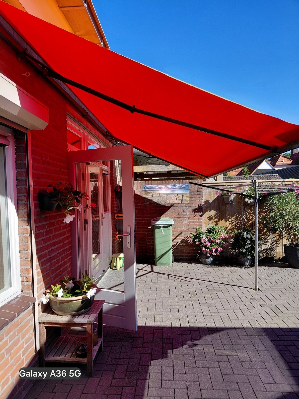 knik zonnenscherm breedte 500 cm uitval 220 cm, Tuin en Terras, Ophalen, Gebruikt, Knikarmscherm