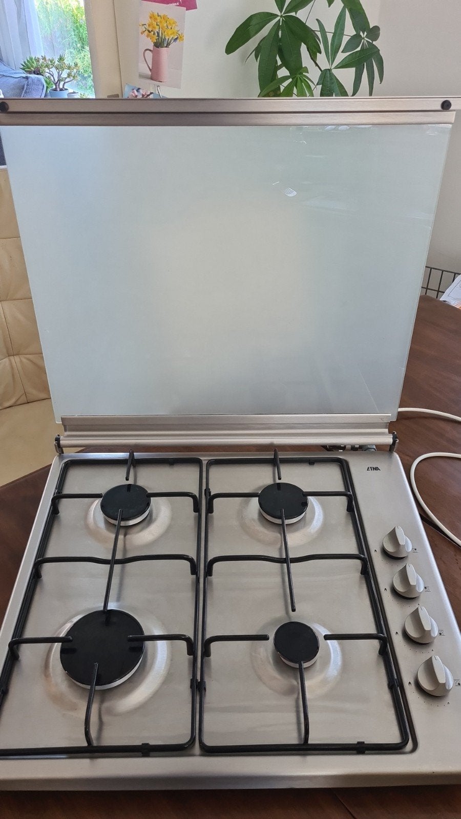 RVS 4-pits gaskookplaat met glazen afdekplaat 57x51cm, Ophalen, Gebruikt, 4 kookzones, Inbouw