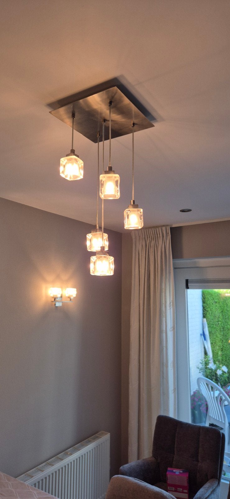 Halogeen hanglamp en 2 wandlampen, incl. 6 reservelampjes, Ophalen, Gebruikt, Glas, G4
