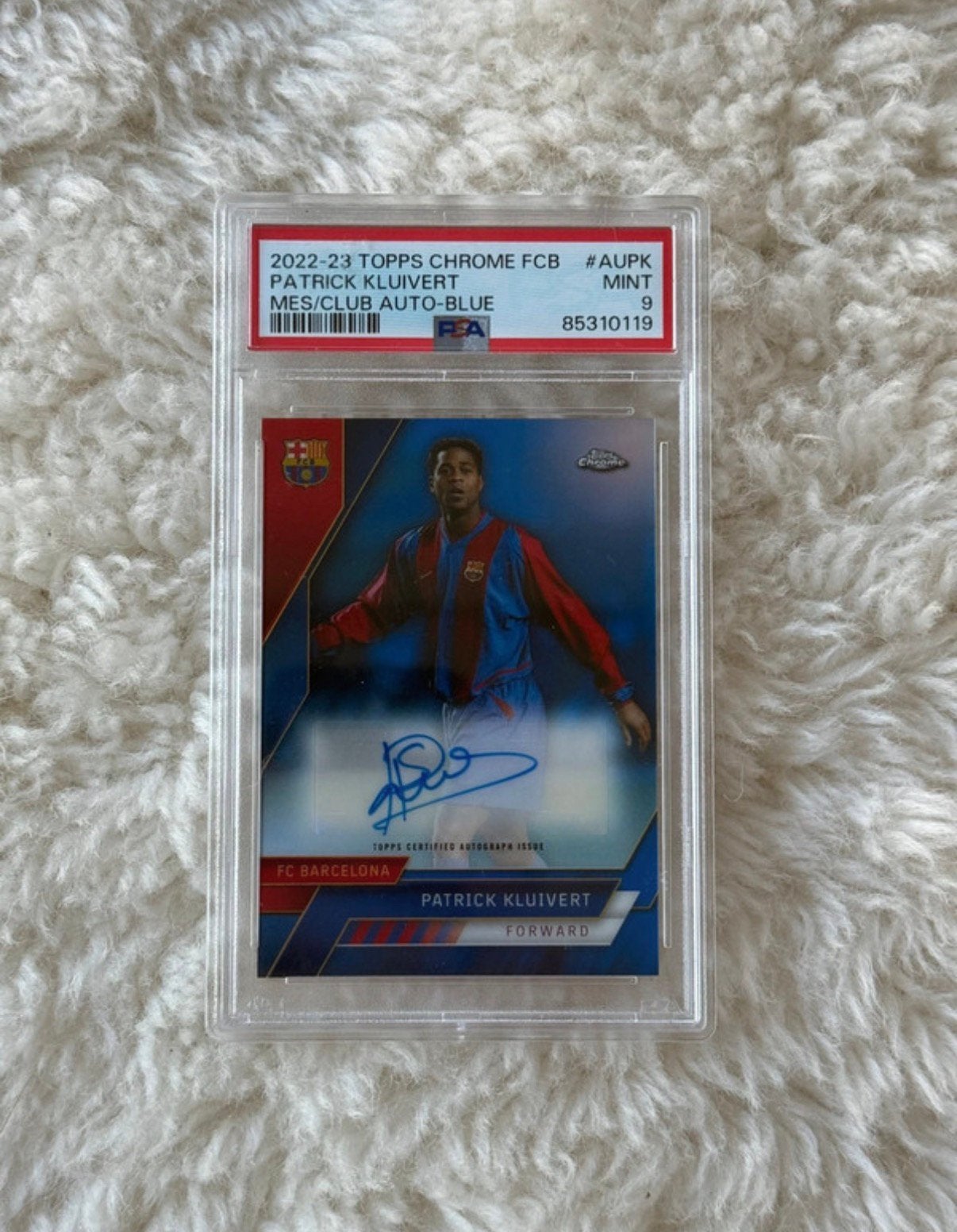 Patrick Kluivert Topps Chrome FCB Autographed Kaart PSA 9, Ophalen of Verzenden, Zo goed als nieuw, Buitenlandse clubs, Spelerskaart