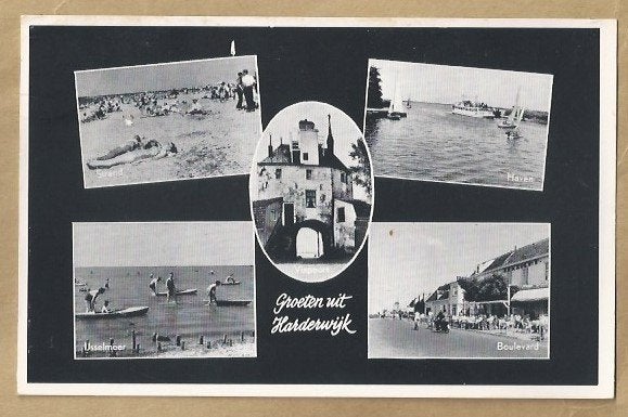 Oude ansichtkaart Groeten uit Harderwijk (Gelopen), Ophalen of Verzenden, 1940 tot 1960, Gelopen, Gelderland