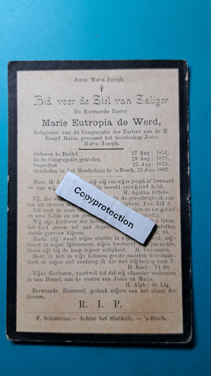 Marie Eutropia de Werd, Boxtel 1857, 's-Hertogenbosch 1897, Verzenden, Bidprentje