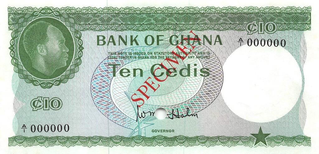 Ghana 10 Cedis 1965 Unc Specimen pn 7s, Ophalen of Verzenden, Overige landen, Los biljet