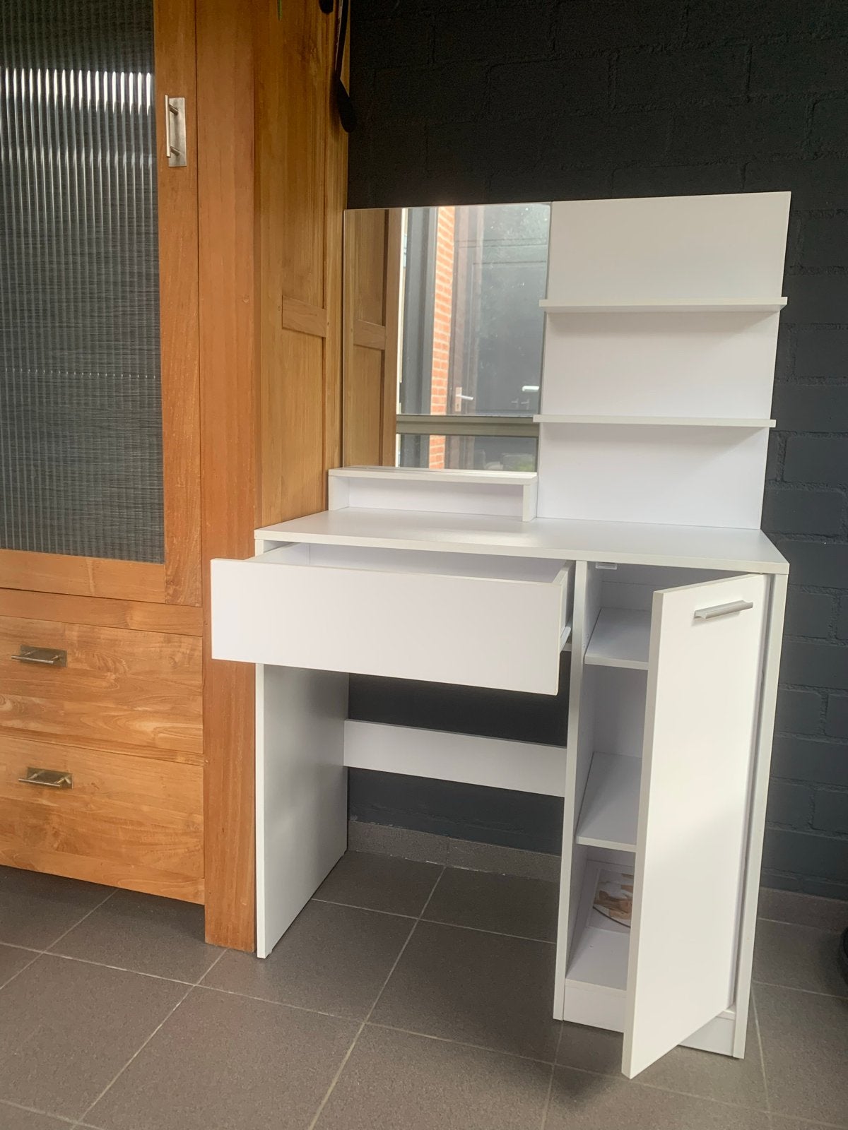 Witte kaptafel met spiegel en opbergruimte, Ophalen, 100 tot 150 cm, 50 tot 100 cm, Zo goed als nieuw