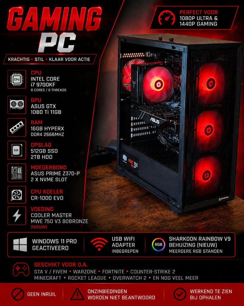 Gaming PC | i7-9700KF | GTX 1080 Ti 11GB | 16GB | RGB | W11, 2.29TB, Refurbished, Ophalen of Verzenden, Gaming