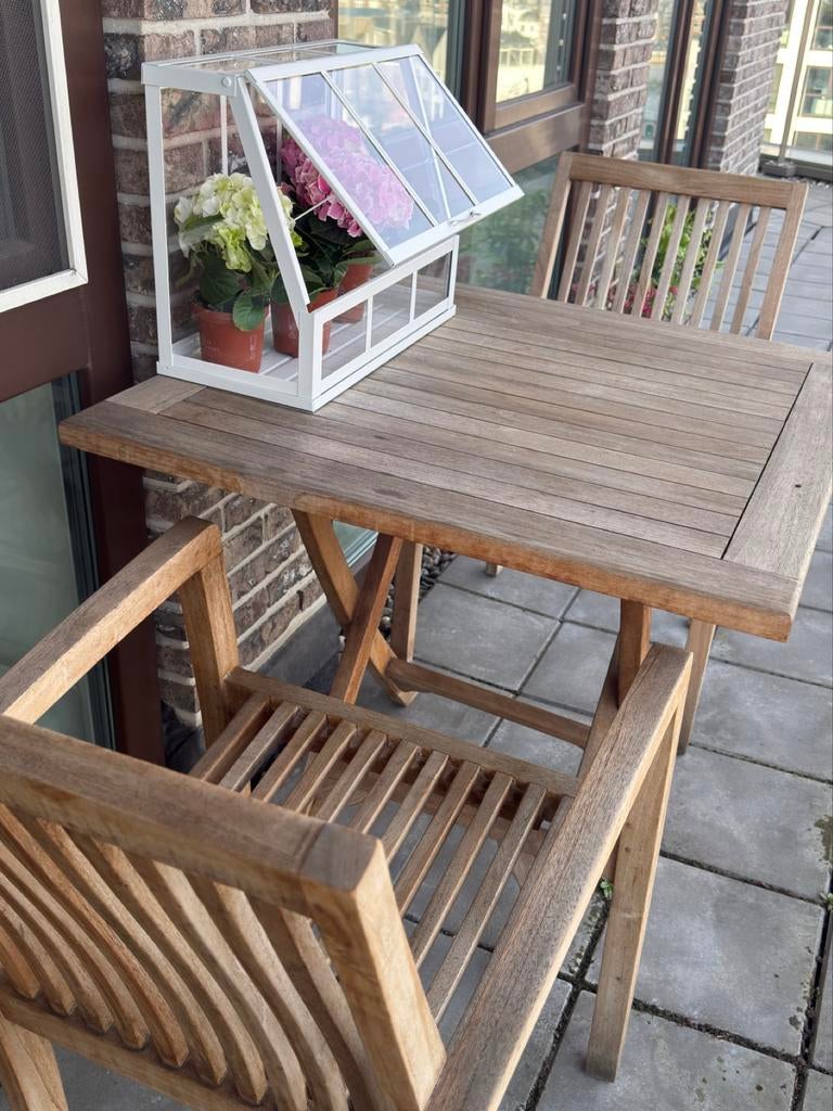 Tuinset - tafel en 2 stoelen hout, 2 zitplaatsen, Gebruikt, Eettafel, Ophalen of Verzenden