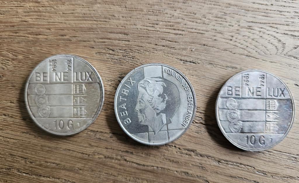 3 Zilveren 10 Gulden Beatrix Benelux 1994 Herdenkingsmunt, Koningin Beatrix, Zilver, Ophalen of Verzenden, Losse munt