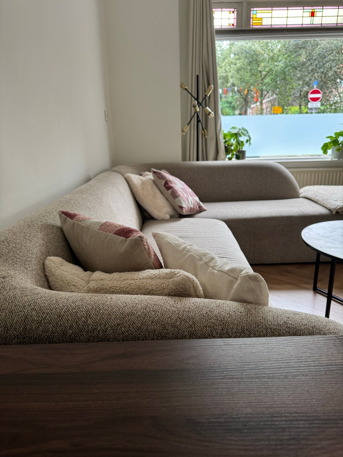 WOOOD Essentials Sloping Hoekbank Rechts Naturel Melange, Ophalen, 250 tot 300 cm, Gebruikt, 100 tot 125 cm