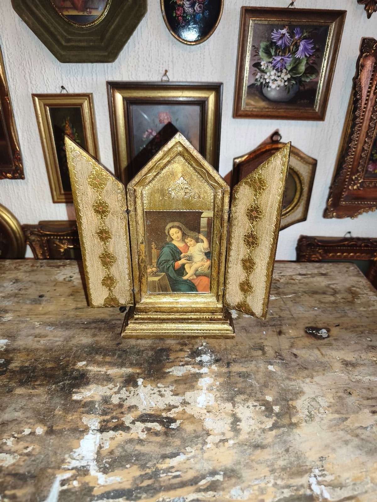 Oud houten florentijns Italiaans kapelletje drieluik R84, Antiek en Kunst, Antiek | Religie, Ophalen of Verzenden
