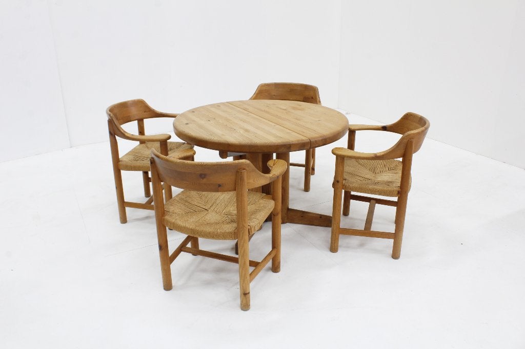 Vintage uitschuifbare eettafel en eetkamerstoelen papercord, Ophalen, Gebruikt, 100 tot 150 cm, 200 cm of meer