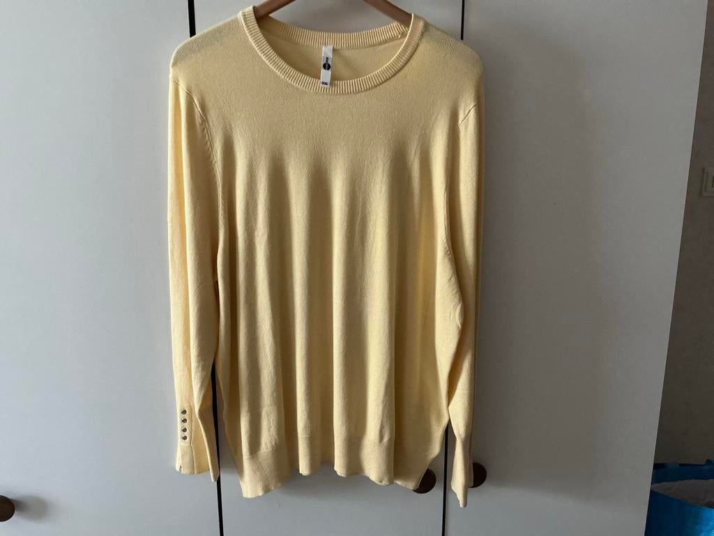 Gele trui met knoopjes op de mouw, Ophalen of Verzenden, Zo goed als nieuw, Maat 46/48 (XL) of groter, Geel