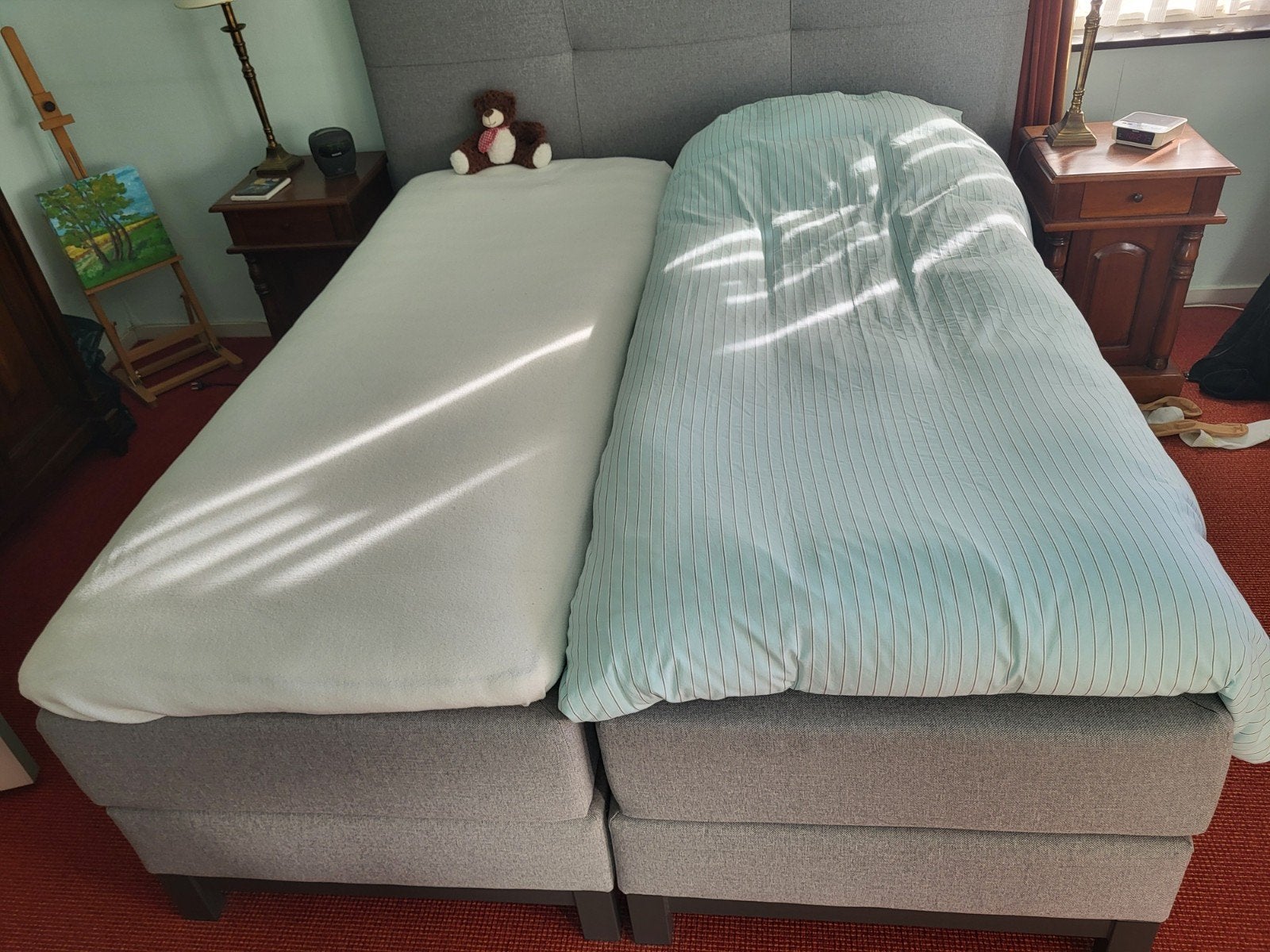 Tweepersoons boxspring met toppers en verstelbare lattebodem, Ophalen, Gebruikt, Tweepersoons, 80 cm