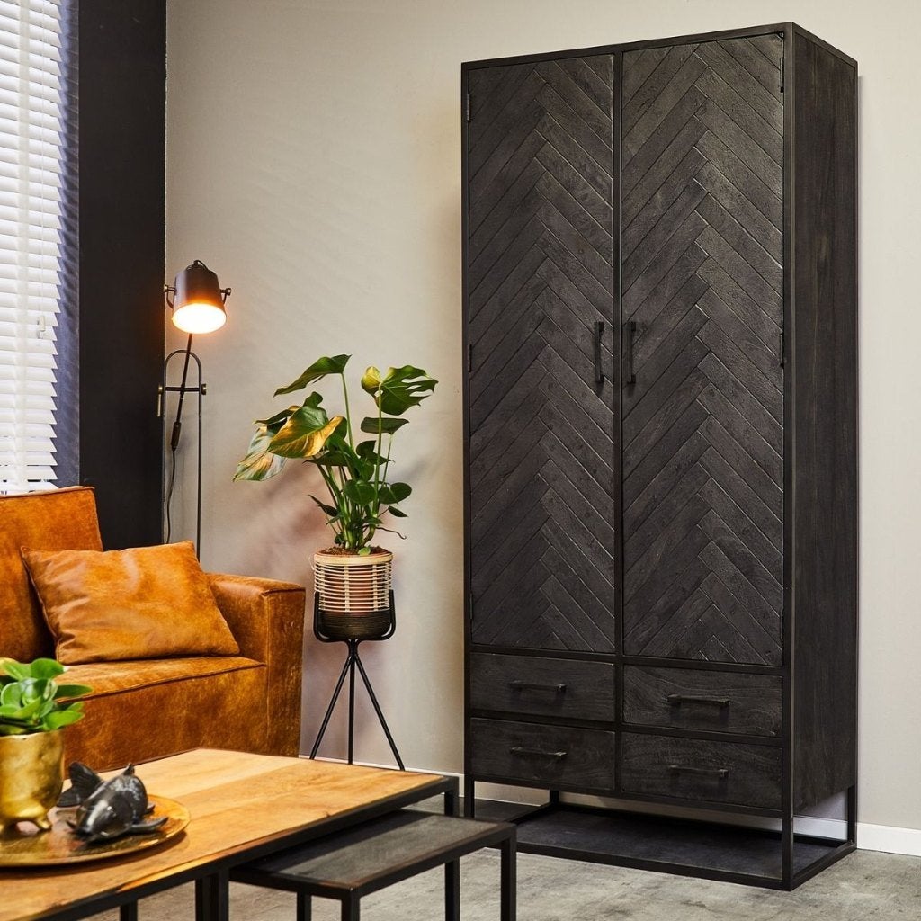 Visgraat kabinet New-York, zwart mangohout., Overige houtsoorten, Met deur(en), Nieuw, Ophalen of Verzenden