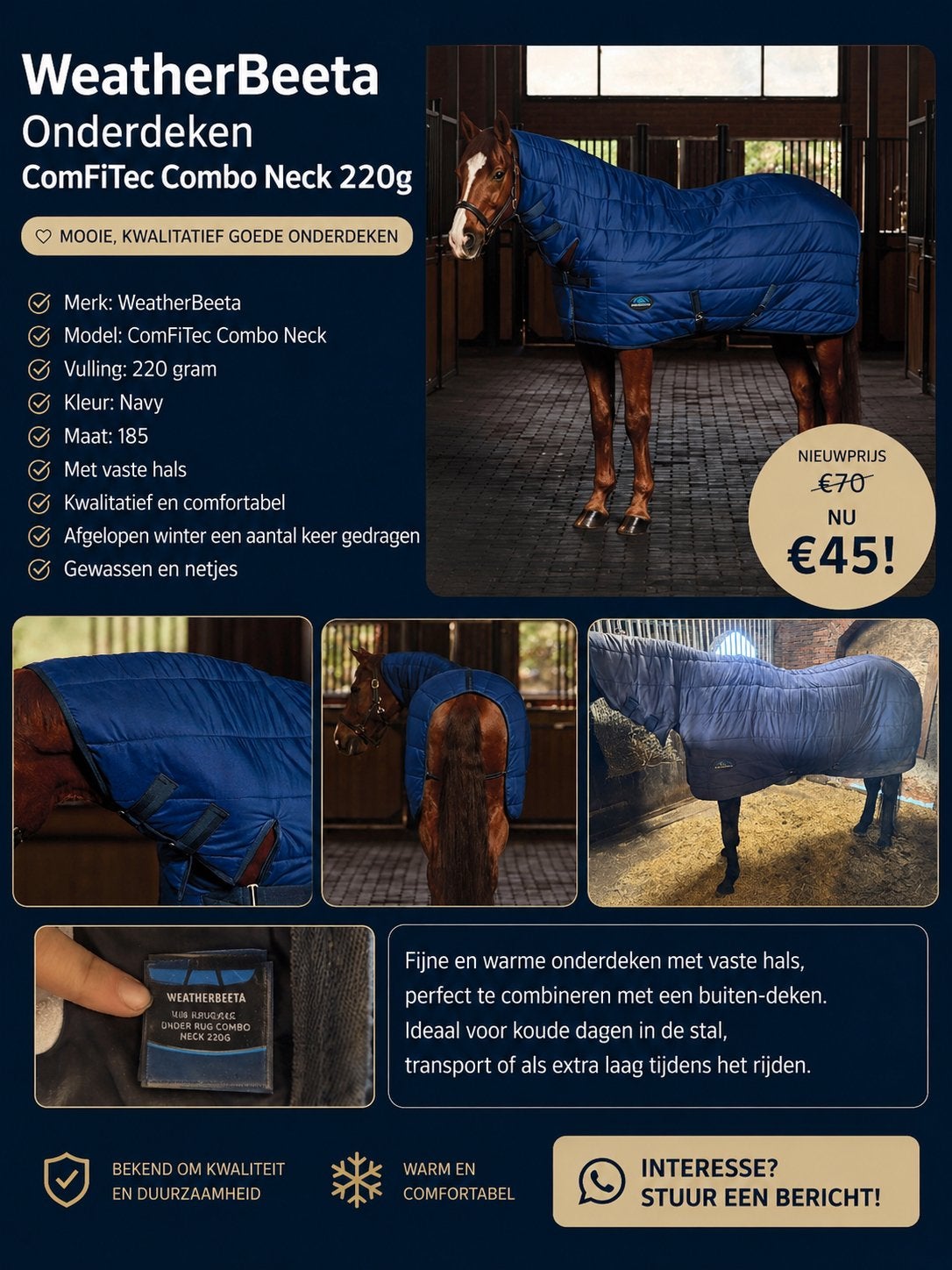 WeatherBeeta comfitec combo 220 gram met hals maat 185, Dieren en Toebehoren, Paarden en Pony's | Dekens en Dekjes, Ophalen of Verzenden
