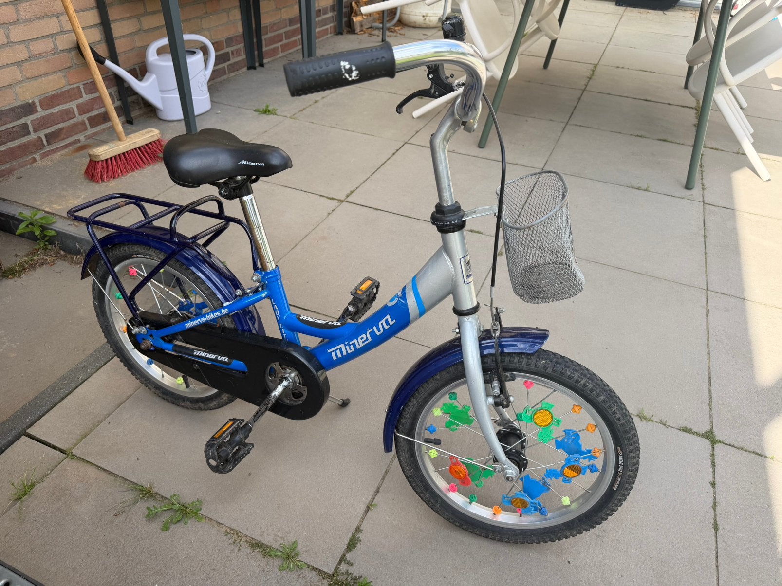 Degelijke kinderfiets blauw met terugtraprem en accessoires, Ophalen, Gebruikt, Terugtraprem, Minder dan 16 inch