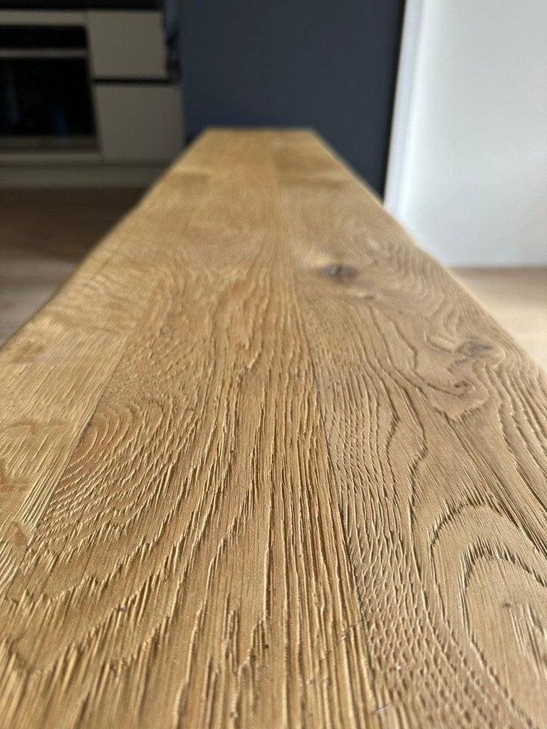 Massief eikenhouten bank 200 cm – robuust & karaktervol, Ophalen, Minder dan 75 cm, Zo goed als nieuw, Rechte bank
