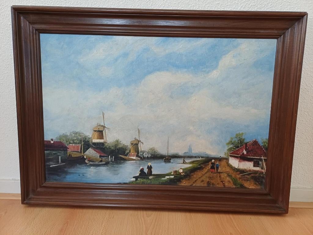 Schilderij water met molens olieverf, 71,5x51,5 cm, Ophalen