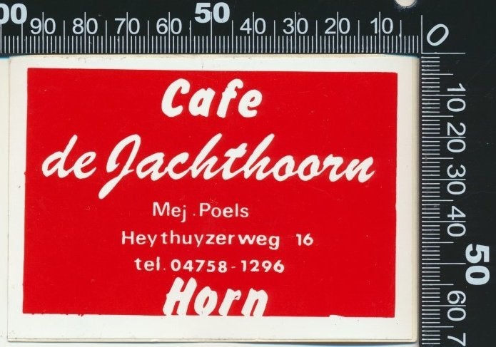 Sticker: Cafe De Jachthoorn - Horn (Rood), Ophalen of Verzenden, Zo goed als nieuw, Bedrijf of Vereniging