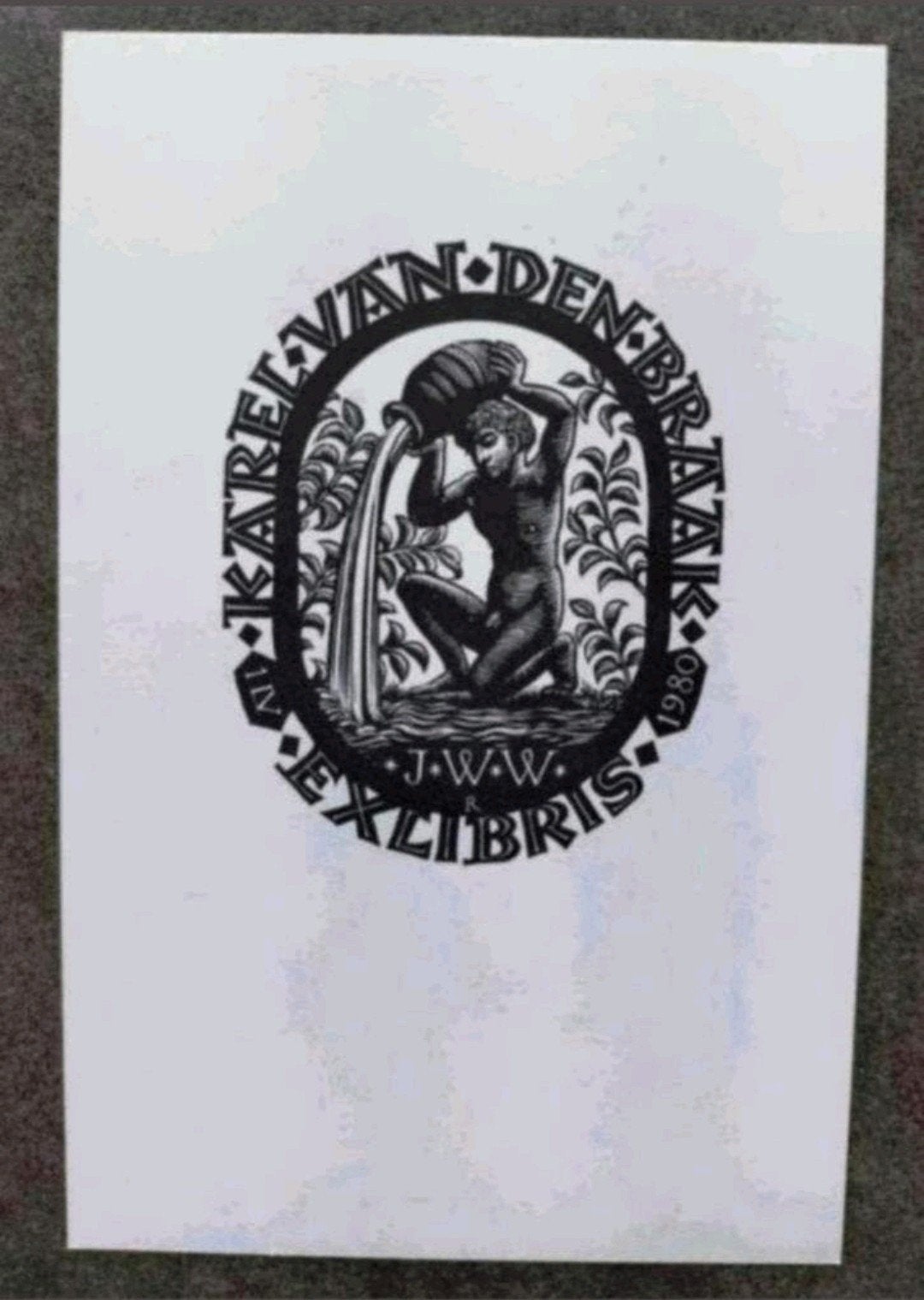 Exlibris Karel van den Braak (Pam G Rueter) (man, kruik), 1950 - 1999, 15 cm, Origineel, 10 cm