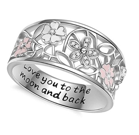 Stalen Sakura dames ring met Love you to the moon and back, Met kristal, 18 tot 19, IJzer of Staal, Nieuw