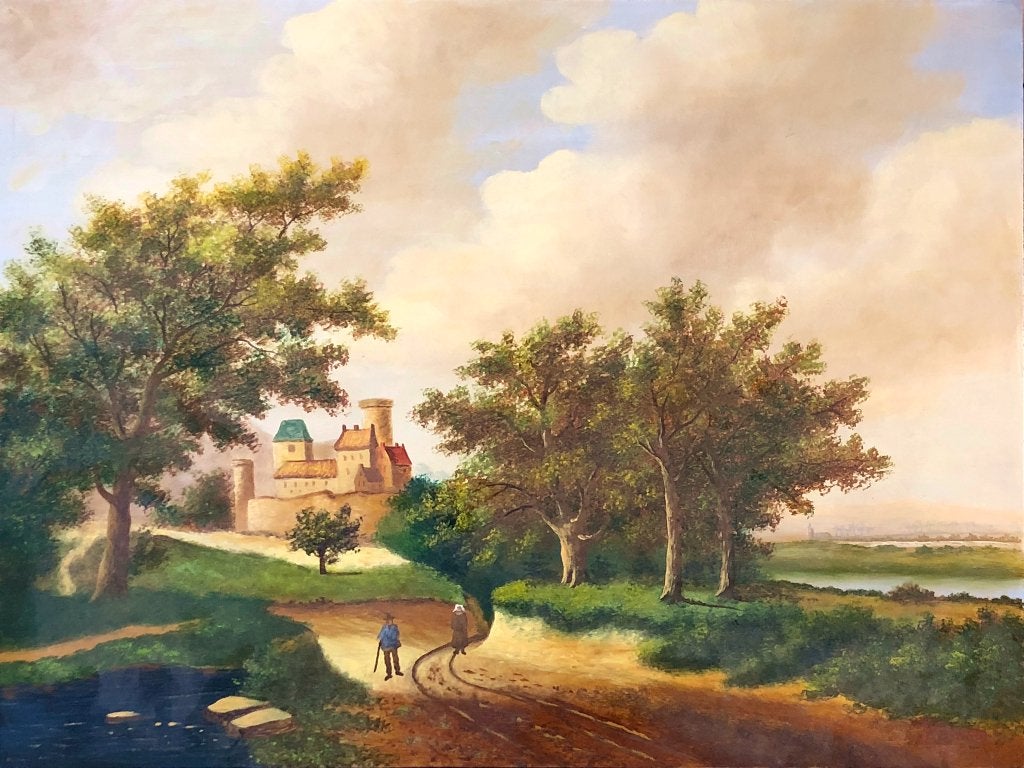 Schilderij 'Romantisch landschap met kasteel', Antiek en Kunst, Ophalen of Verzenden