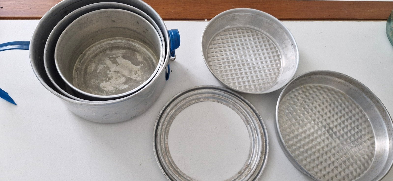 Vintage aluminium pannenset voor camping of scouting, Ophalen, Gebruikt