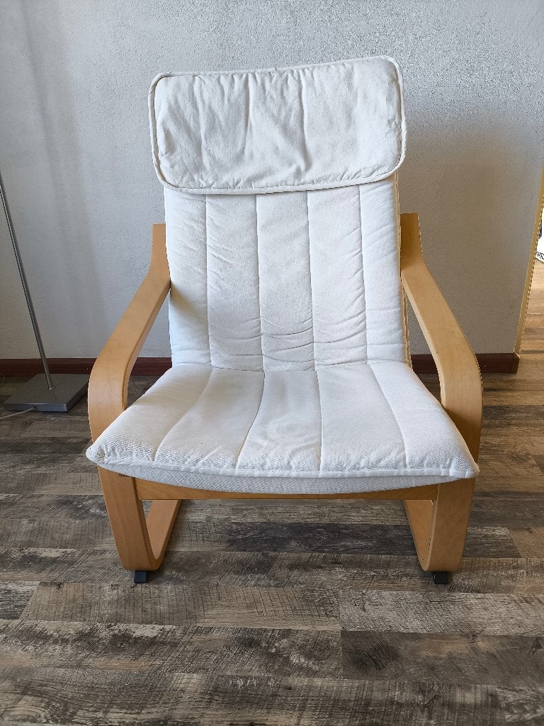 Titel: IKEA Poäng stoel (bekleding heeft vlekken), Ophalen, Gebruikt, Wit, Eén