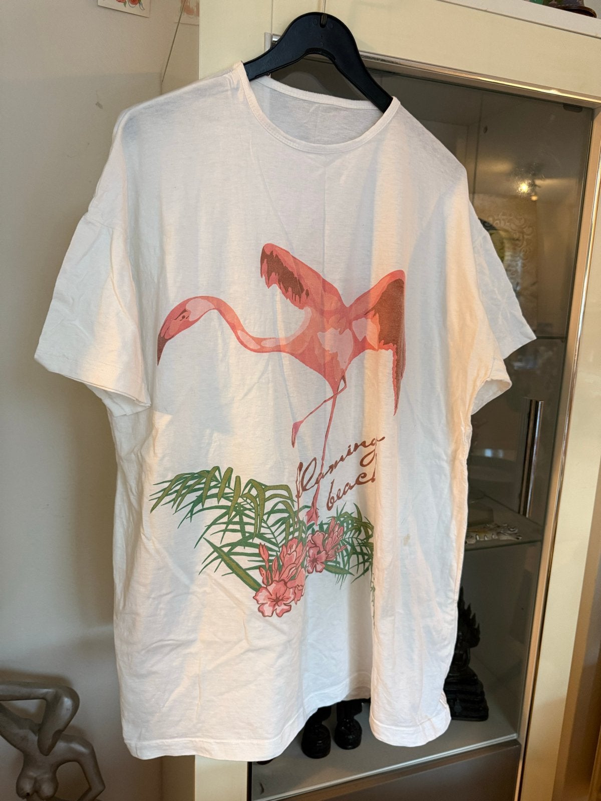 Wit T-shirt met flamingo print - Maat 50, Ophalen of Verzenden, Gedragen, Wit, Shirt of Top