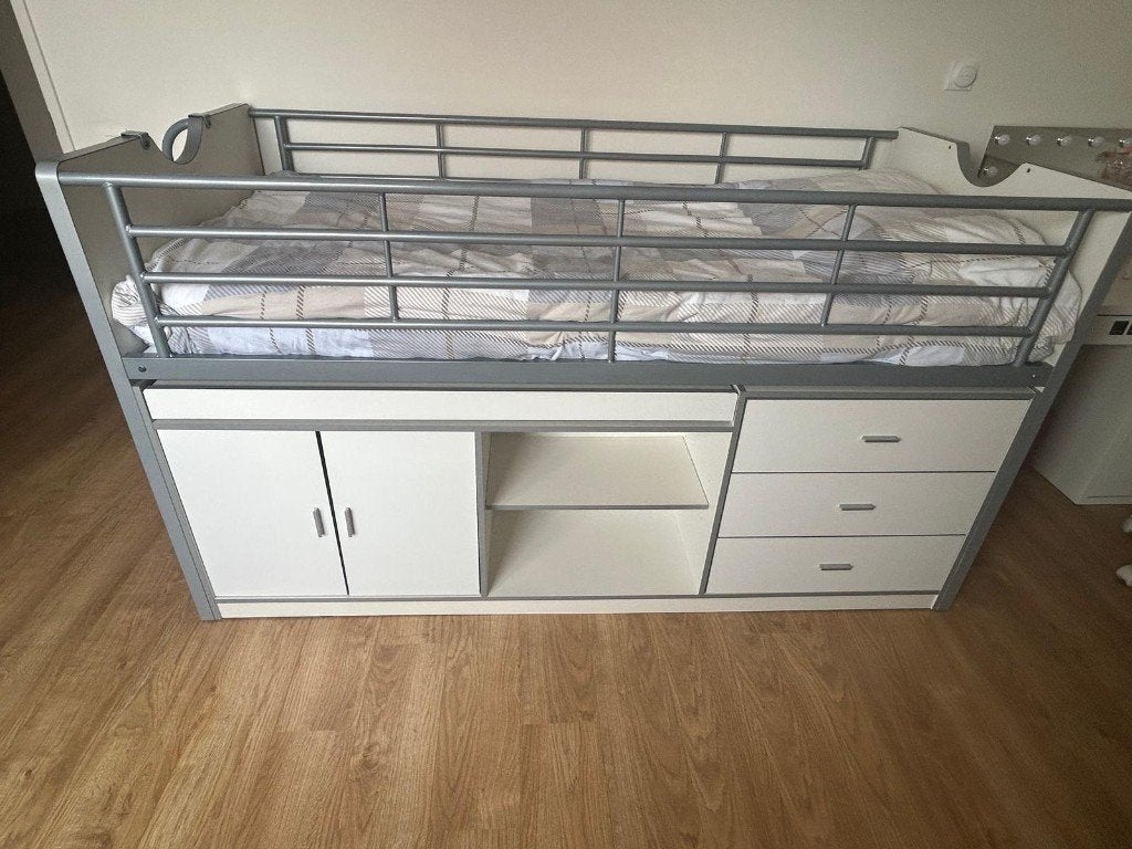 Vipack halfhoogslaper Bonny met uitschuifbaar bureau - wit, Ophalen, 85 tot 100 cm, Gebruikt, Lattenbodem