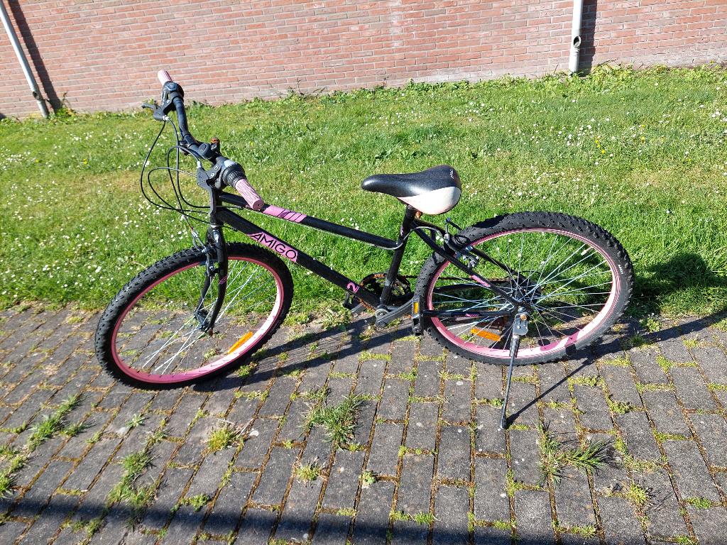 Zwarte fiets met roze accenten; bandenmaat 26 inch, Gebruikt, Velgrem, Versnellingen, Ophalen