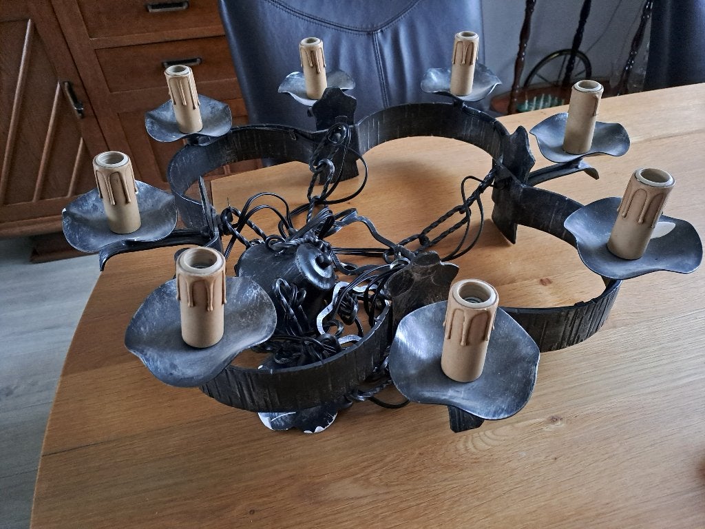 Stoere stalen hanglamp, Gebruikt, Kasteelachtig, Ophalen, Minder dan 50 cm