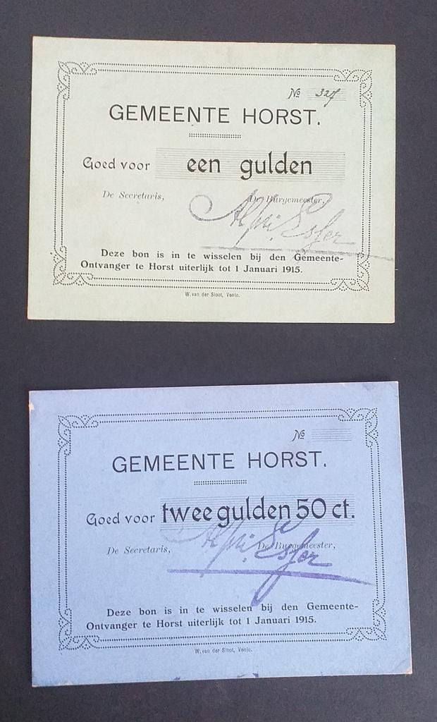 Nederland - Noodgeld - Horst, 1 en 2½ gulden 1915, Postzegels en Munten, Bankbiljetten | Nederland, Ophalen of Verzenden, Setje