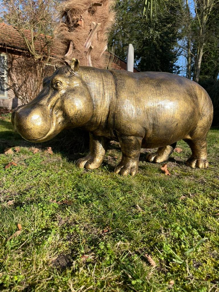 Nijlpaard hippo Antiekgoud beeld tuin vijver zwembad, Ophalen, Nieuw, Kunststof, Dierenbeeld