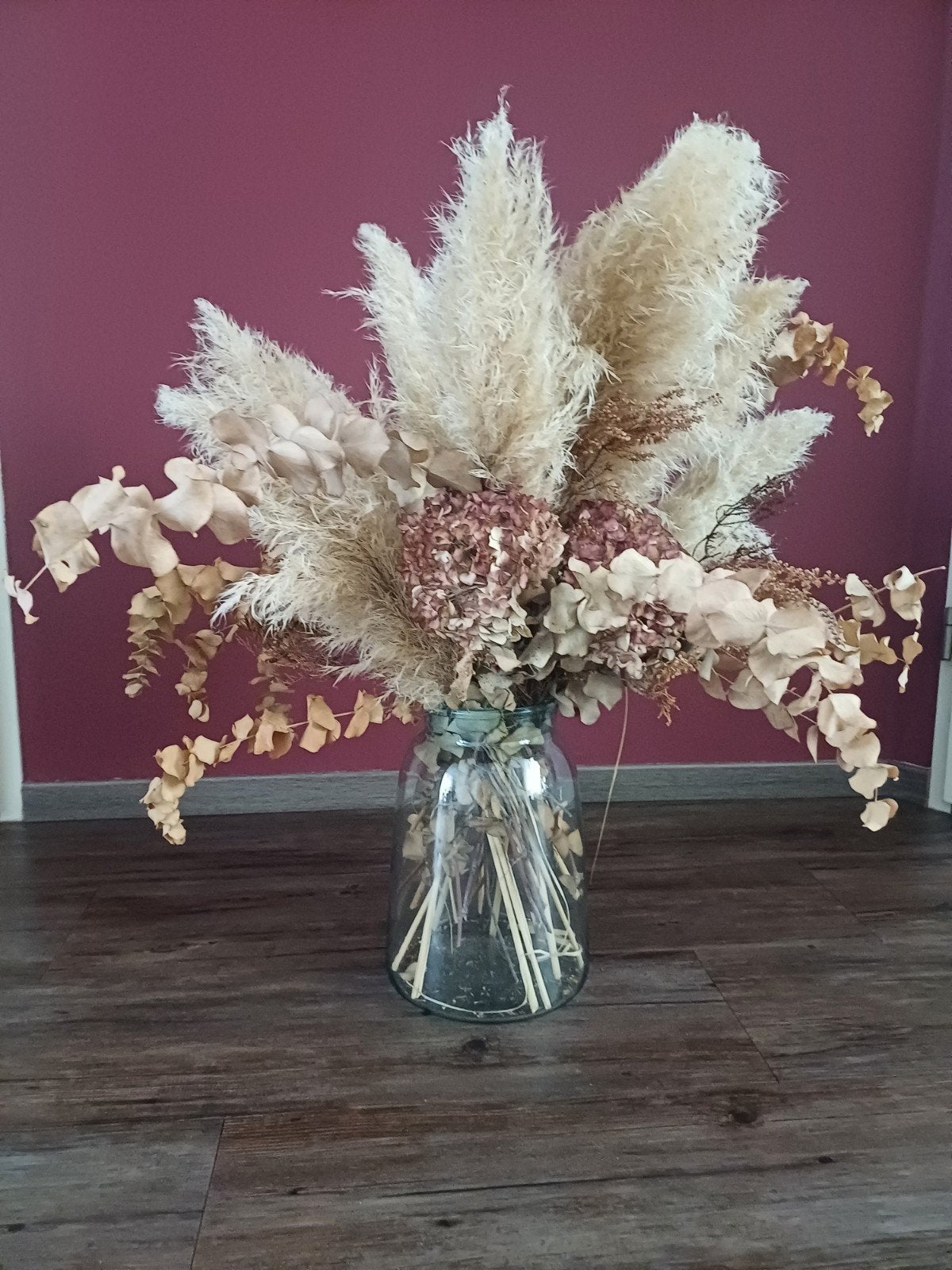Grote glazen vaas met droogbloemen, Ophalen, Inclusief droogbloemen, Transparant, Glas